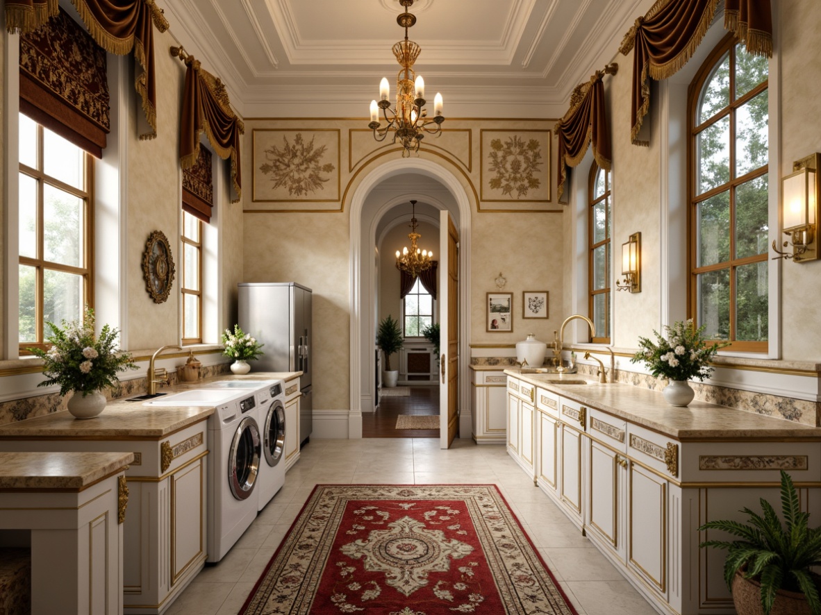 Prompt: Intricate laundry room, ornate Rococo style, lavish decorations, golden accents, soft cream walls, elegant chandeliers, velvet drapes, richly patterned rugs, antique furniture, delicate lace trim, porcelain vases, floral arrangements, gentle natural light, warm beige marble countertops, decorative molding, luxurious fabrics, intricate carvings, soft focus, shallow depth of field, 1/2 composition, realistic textures, ambient occlusion.