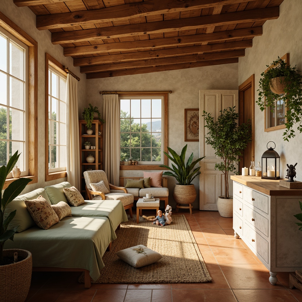 Prompt: Rustic farmhouse-style dorm, warm beige walls, distressed wood accents, earthy terracotta floors, soft sage green bedding, creamy white furniture, natural woven textiles, vintage metal lanterns, cozy reading nooks, lush potted plants, warm golden lighting, shallow depth of field, 1/1 composition, realistic textures, ambient occlusion.