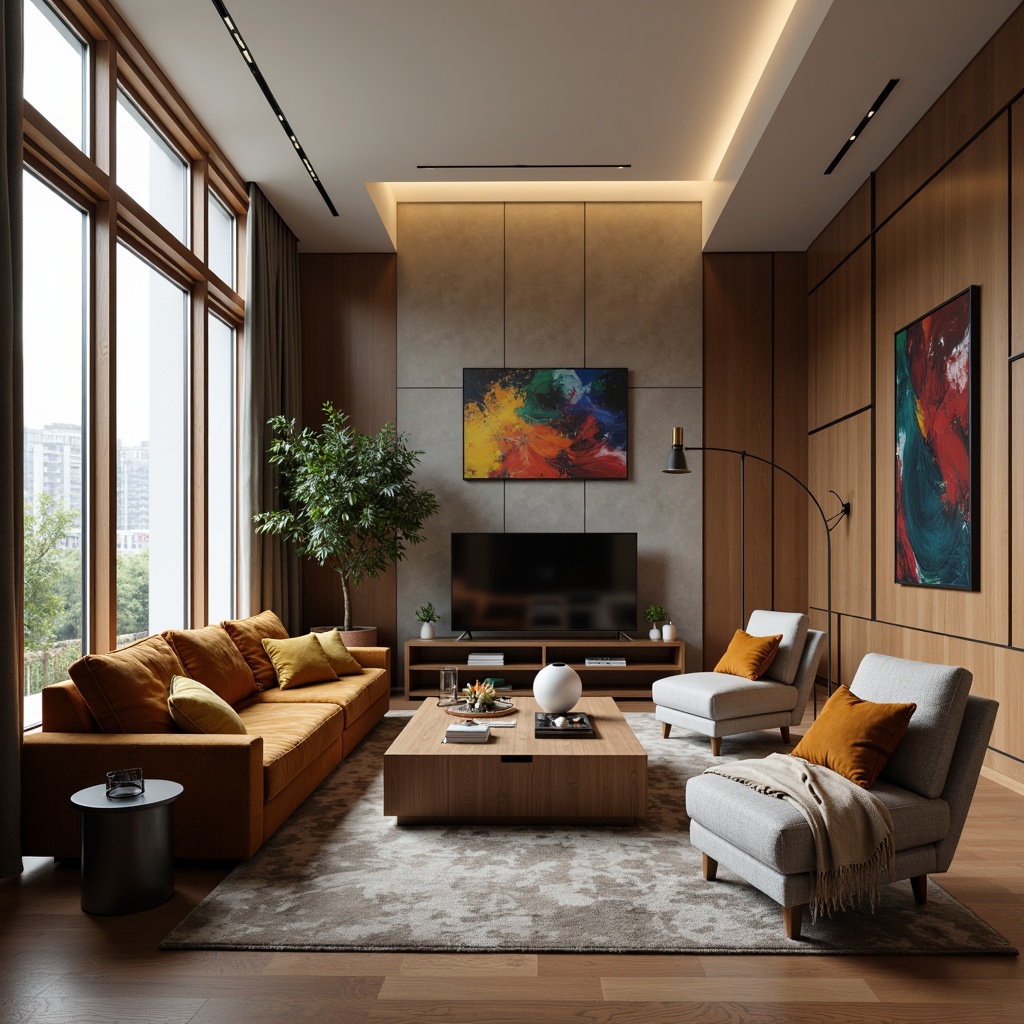 Prompt: Elegant living room, plush velvet sofa, sturdy wooden coffee table, minimalist metal lamp, comfortable cushioned armchairs, soft warm lighting, cozy throw blankets, natural wood flooring, modern sleek TV stand, vibrant colorful artwork, realistic textures, ambient occlusion, shallow depth of field, 3/4 composition, panoramic view.