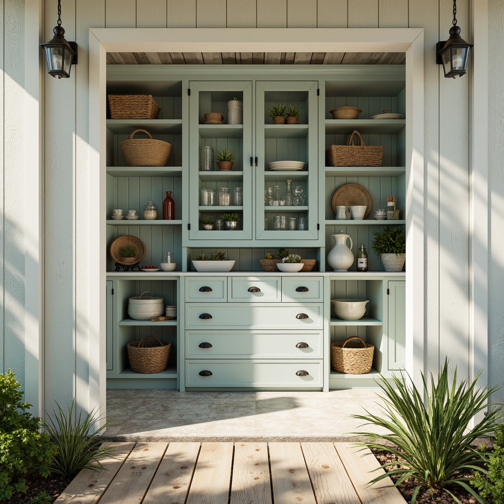 Prompt: Coastal style pantry, driftwood cabinetry, white washed wood accents, soft blue-green hues, natural textures, woven baskets, nautical hardware, glass front cabinets, open shelving, beachy vibe, ocean-inspired decor, sunny day, warm lighting, 1/1 composition, shallow depth of field, realistic render.