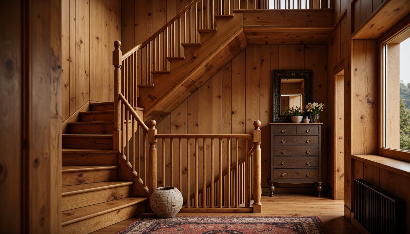 Prompt: Rustic wooden staircase, warm oak tones, ornate carvings, handcrafted railings, natural wood grains, earthy color palette, cozy cabin-inspired atmosphere, wooden banisters, elegant newel posts, richly stained wood, inviting landing spaces, plush carpeting, soft warm lighting, shallow depth of field, 1/1 composition, realistic textures, ambient occlusion.