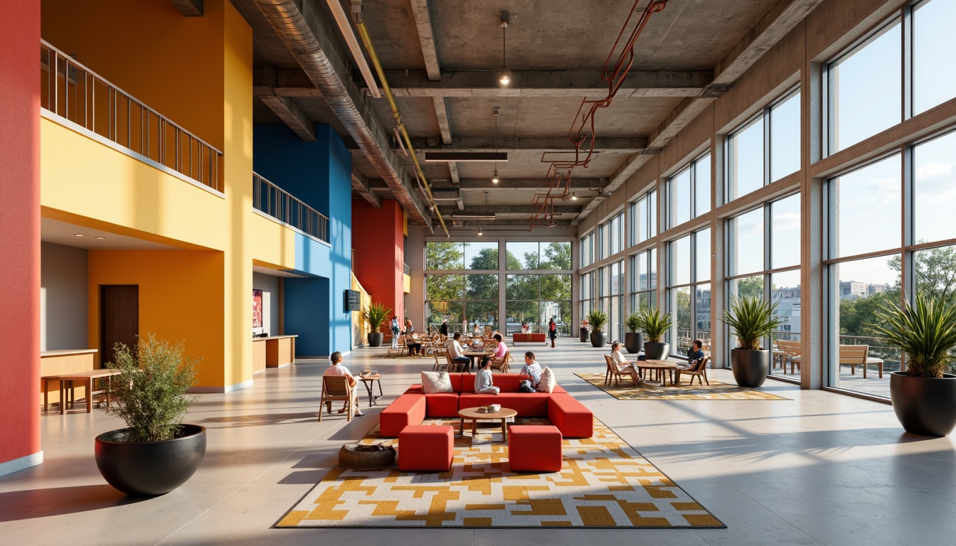 Prompt: Vibrant community center, bold rectangular forms, clean lines, minimal ornamentation, functional simplicity, primary color scheme, bright red accents, deep blue tones, yellow ochre hues, neutral beige backgrounds, industrial materials, exposed ductwork, polished concrete floors, geometric patterned rugs, minimalist furniture, abundant natural light, large windows, open interior spaces, communal gathering areas, modern amenities, urban surroundings, cityscape views, warm sunny day, soft diffuse lighting, shallow depth of field, 2/3 composition, realistic textures.