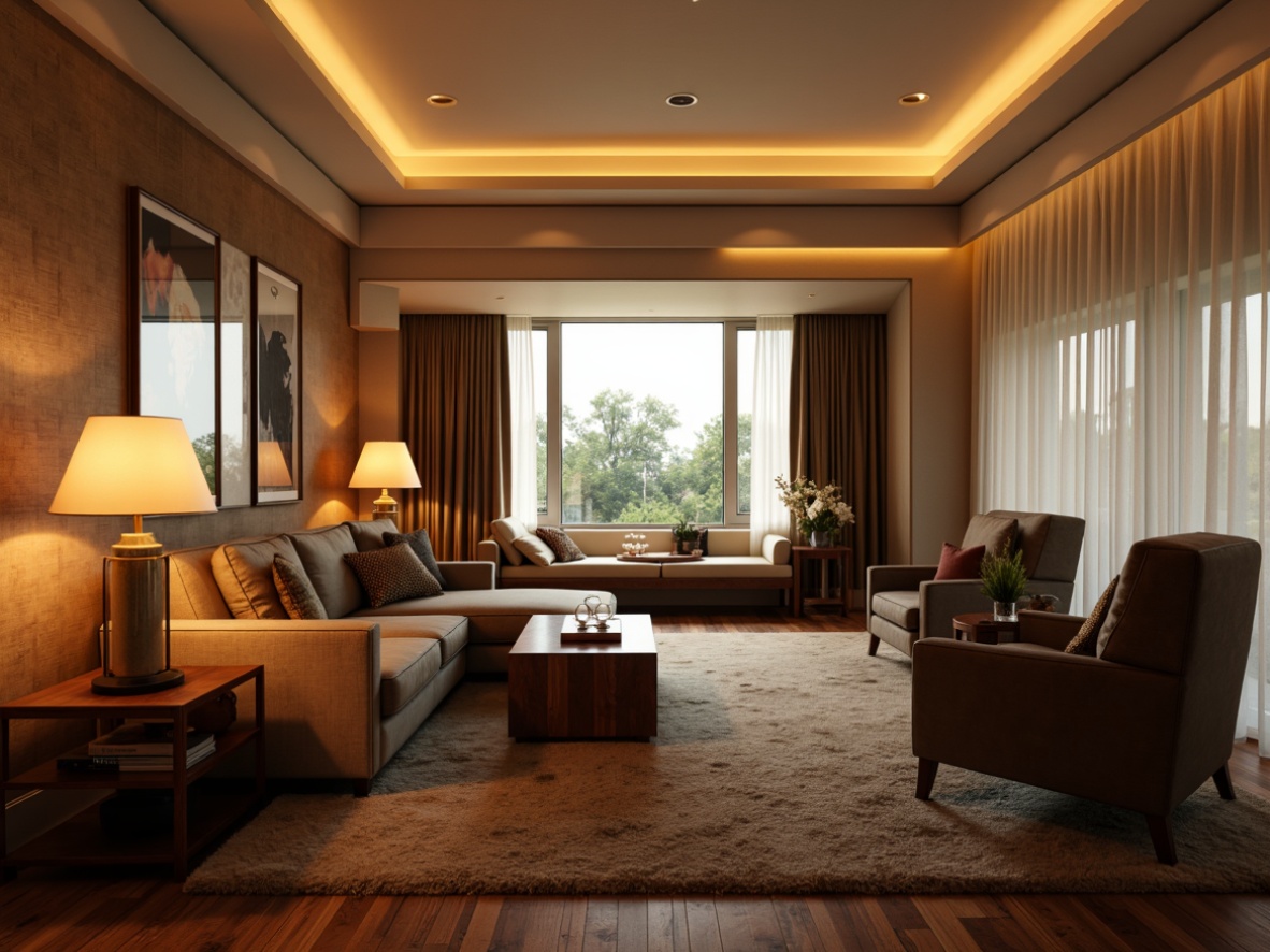 Prompt: Cozy living room, warm ambient lighting, soft glowing lamps, comfortable seating, rich wood tones, plush throw blankets, elegant floor lamps, subtle table lamps, warm beige walls, creamy white ceilings, large windows, natural daylight, sheer curtains, gentle diffused light, 1/1 composition, shallow depth of field, realistic textures, ambient occlusion.