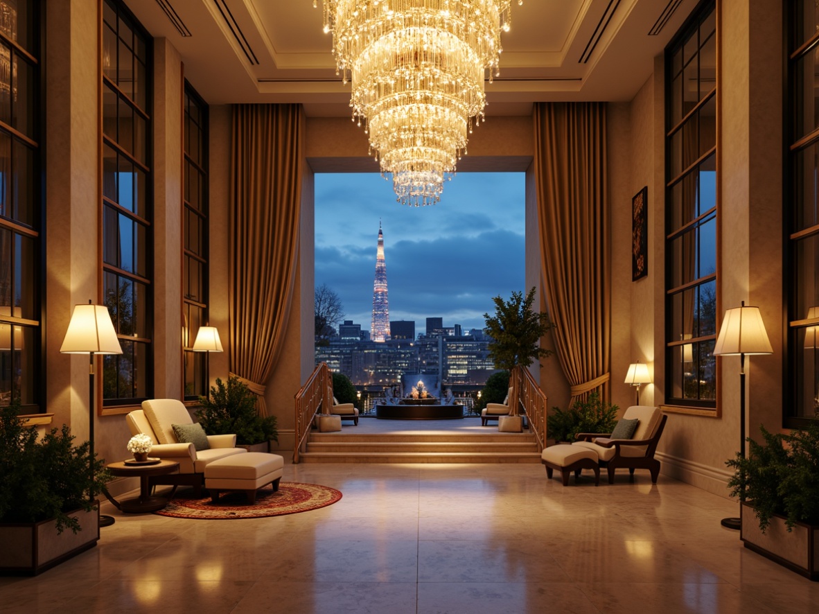 Prompt: Luxurious modern mansion, grand entrance hall, sweeping staircase, crystal chandelier, stylish pendant lights, ambient floor lamps, warm golden lighting, high ceilings, marble flooring, lavish furnishings, ornate mirrors, sophisticated color scheme, elegant drapery, majestic city skyline view, dramatic night scene, soft focus effect, 1/2 composition, cinematic mood lighting.