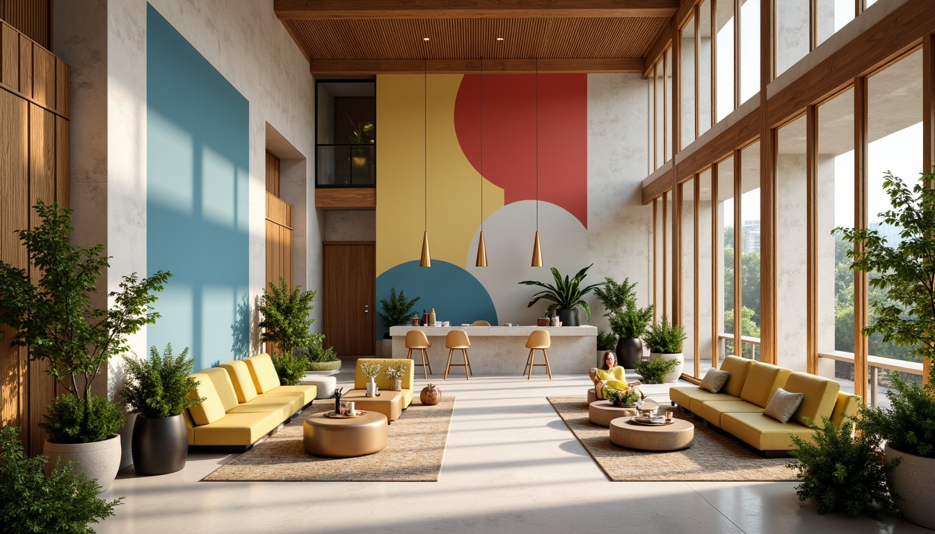 Prompt: Vibrant modern interior, bold accent walls, soft pastel furniture, rich wood textures, metallic gold accents, creamy marble countertops, natural fiber rugs, abundant greenery, floor-to-ceiling windows, warm ambient lighting, shallow depth of field, 1/2 composition, realistic reflections, subtle gradient effects.