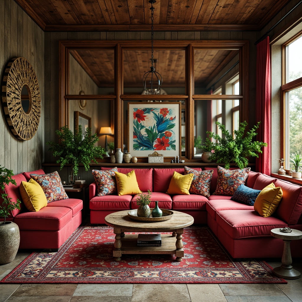 Prompt: Vibrant bohemian living room, eclectic furniture pieces, distressed wood textures, rich velvet upholstery, bold colorful patterns, ornate metal frames, abstract artwork, oversized decorative mirrors, lush greenery, natural stone flooring, warm ambient lighting, soft focus, shallow depth of field, 1/1 composition, cinematic view, realistic reflections.