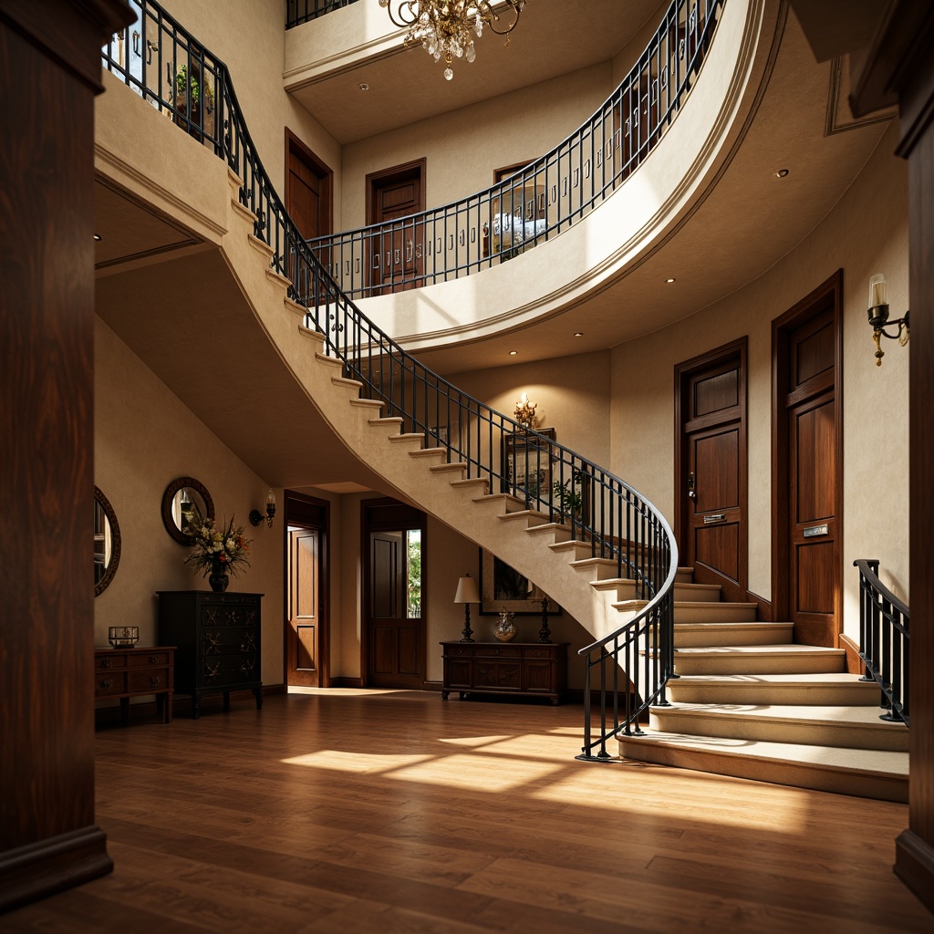 Prompt: Elegant staircase, luxurious hardwood floors, ornate metal railings, intricately designed balusters, polished chrome handrails, subtle LED lighting, classic wooden newel posts, grand foyer, high ceiling, sweeping curved lines, dramatic shadows, warm inviting atmosphere, soft warm lighting, shallow depth of field, 3/4 composition, realistic textures, ambient occlusion.