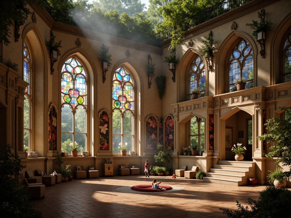 Prompt: Whimsical kindergarten, Gothic style architecture, stained glass windows, vibrant colorful murals, intricate stone carvings, grandiose entrance halls, cozy reading nooks, playful lanterns, soft warm lighting, warm beige walls, rustic wooden floors, mystical forest surroundings, misty morning atmosphere, dramatic spotlighting, 1/2 composition, high contrast ratio, realistic textures, ambient occlusion.