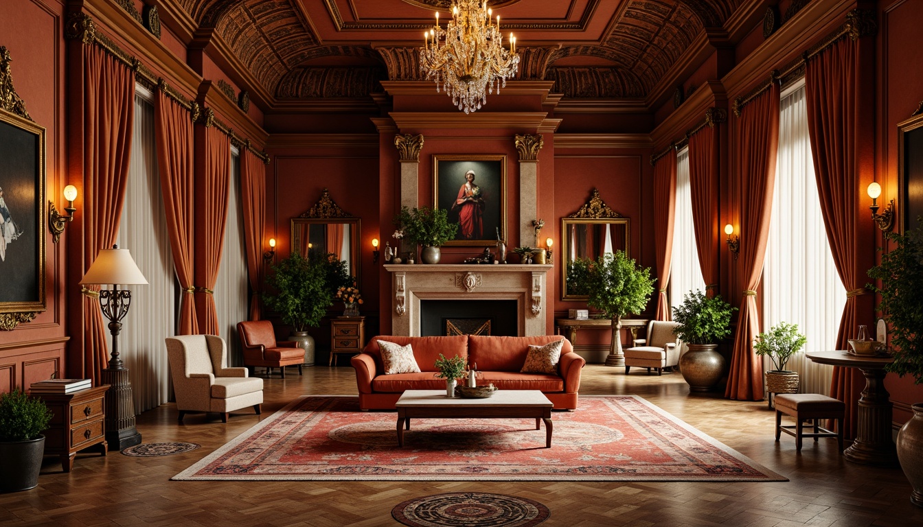 Prompt: Luxurious Renaissance-style interior, rich wood tones, ornate carvings, lavish furnishings, opulent fabrics, warm golden lighting, intricate patterns, classic architectural details, velvet drapes, majestic chandeliers, antique furniture pieces, distressed finishes, earthy color palette, terracotta reds, sienna oranges, umber browns, soft creams, muted gold accents, subtle texture contrasts, ornate mirror frames, gilded moldings, elegant floor inlays.