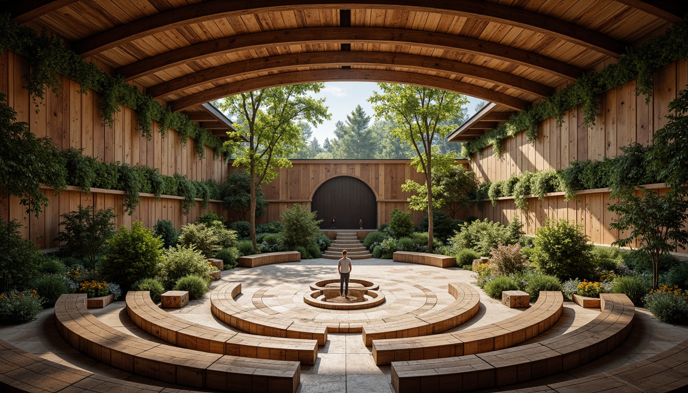 Prompt: Earthy amphitheater interior, reclaimed wooden seating, natural stone walls, living green walls, lush foliage, rustic metal accents, warm earthy color palette, organic curves, acoustic panels, intimate performance space, soft diffused lighting, shallow depth of field, 2/3 composition, realistic textures, ambient occlusion.