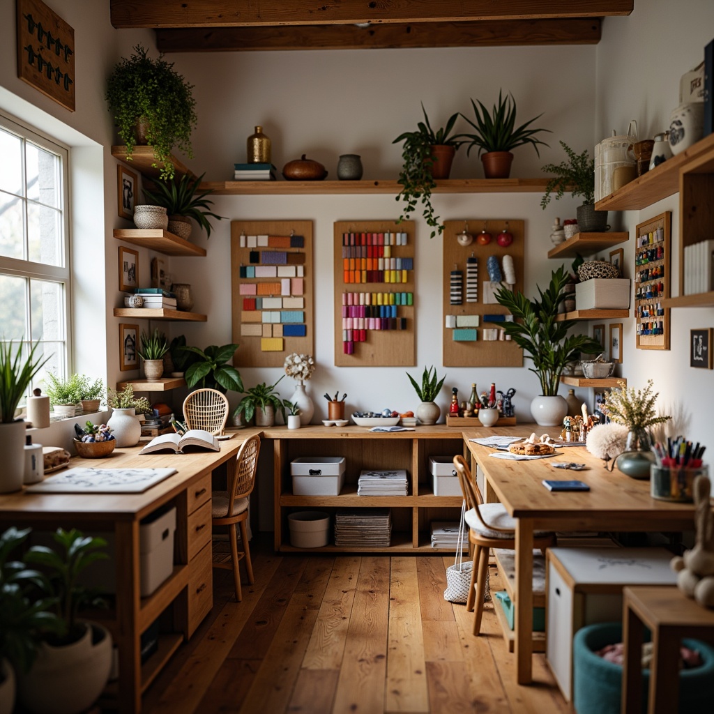 Prompt: Cozy craft room, wooden worktables, organized storage bins, colorful fabric swatches, assorted threads, shiny metal scissors, vibrant paint tubes, creative inspirational boards, natural wood flooring, soft warm lighting, shallow depth of field, 3/4 composition, realistic textures, ambient occlusion.