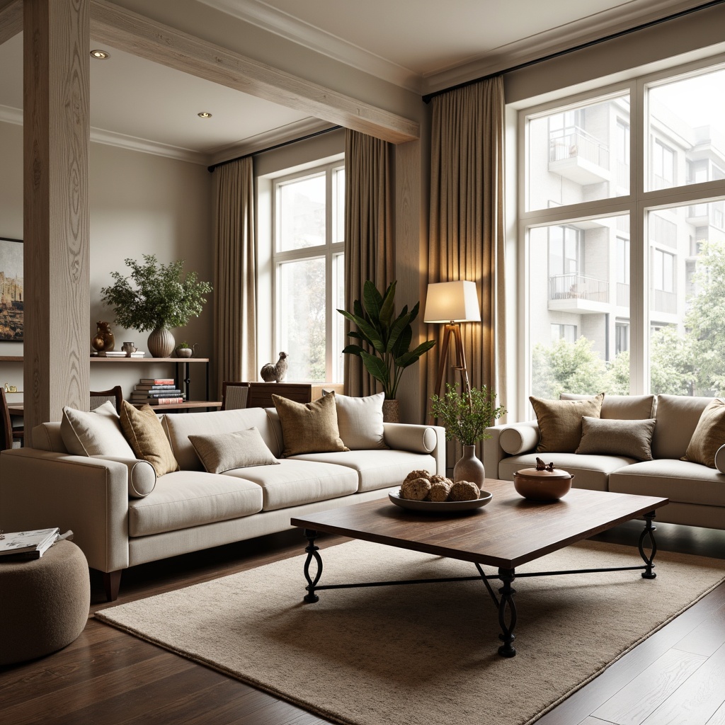 Prompt: Elegant living room, plush sofas, velvet armchairs, polished wooden coffee tables, ornate metal legs, soft cushions, luxurious fabrics, subtle patterns, warm beige colors, refined minimalist decor, modern chic accents, floor-to-ceiling windows, natural light, softbox lighting, 1/1 composition, realistic textures, ambient occlusion.