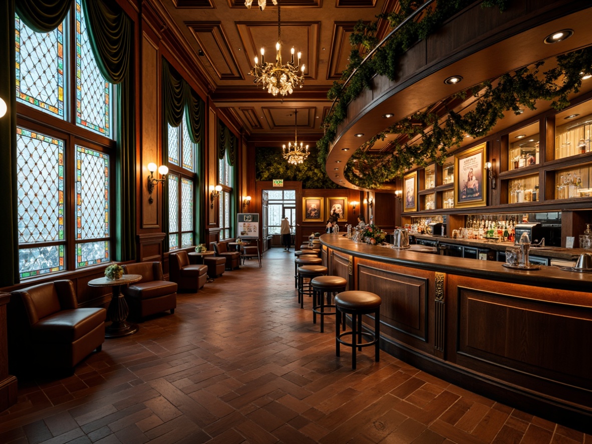 Prompt: Ornate home bar, curved wooden counter, stained glass windows, flowing vine patterns, intricate metalwork, ornamental lighting fixtures, rich velvet drapes, luxurious leather stools, polished bronze accents, elegant wooden cabinets, vintage-inspired posters, warm golden lighting, shallow depth of field, 1/2 composition, realistic textures, ambient occlusion.