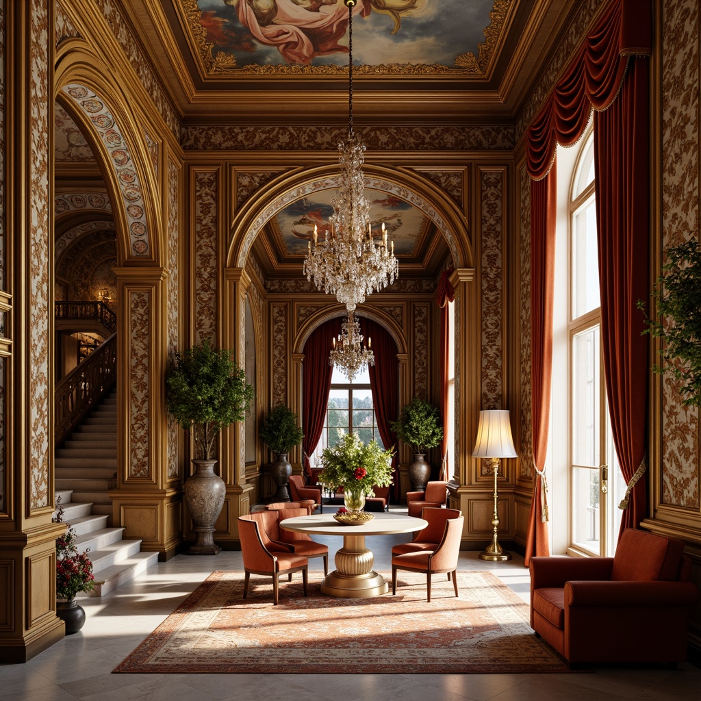 Prompt: Luxurious apartment interior, ornate Renaissance revival style, intricately carved wooden panels, gilded moldings, rich velvet fabrics, crystal chandeliers, marble floors, grand staircases, sweeping archways, decorative frescoes, opulent furnishings, lavish drapery, warm golden lighting, soft focus, shallow depth of field, 1/2 composition, elegant atmosphere, realistic textures.