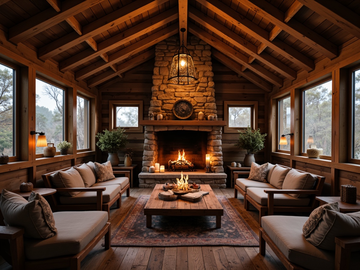 Prompt: Rustic cabin, wooden beams, stone fireplace, warm candlelight, soft lanterns, pendant lamps, metal chandeliers, earthy tones, natural textiles, woven baskets, distressed wood furniture, vintage decorative items, cozy reading nooks, comfortable sofas, plush throw blankets, warm color palette, dimmable lighting, layered lighting effects, dramatic shadows, intimate ambiance, relaxing atmosphere, serene mood.