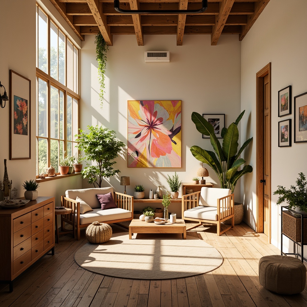 Prompt: Vibrant artistic studio, natural light-filled space, warm beige walls, rich wooden floors, eclectic furniture pieces, bold colorful artwork, pastel-hued accents, soft creamy textures, calming atmosphere, warm golden lighting, shallow depth of field, 1/2 composition, realistic brushstrokes, ambient occlusion.