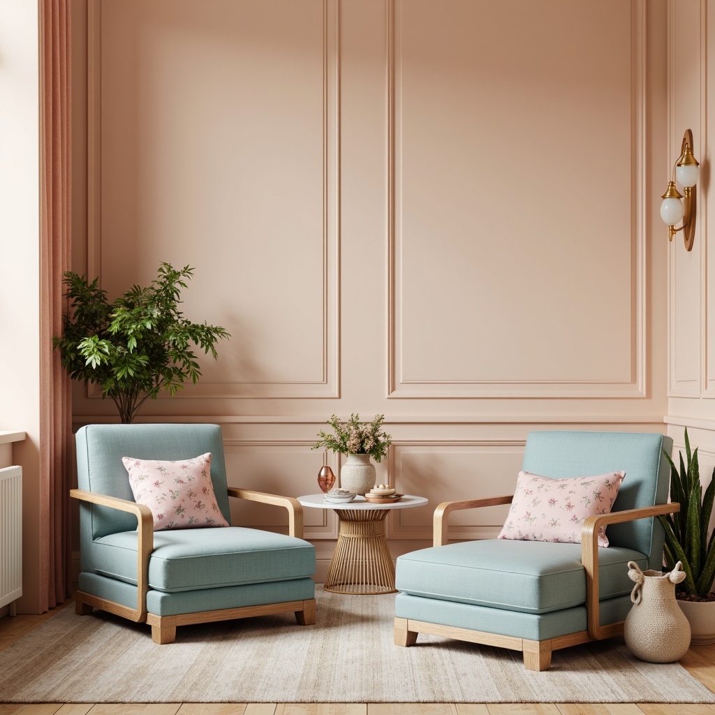 Prompt: Soft peach walls, creamy white trim, warm beige floors, natural wood accents, calming blue-green furniture, pastel pink decorative pillows, golden metal lighting fixtures, delicate floral patterns, subtle texture contrasts, warm softbox lighting, shallow depth of field, 2/3 composition, symmetrical balance, realistic material reflections.