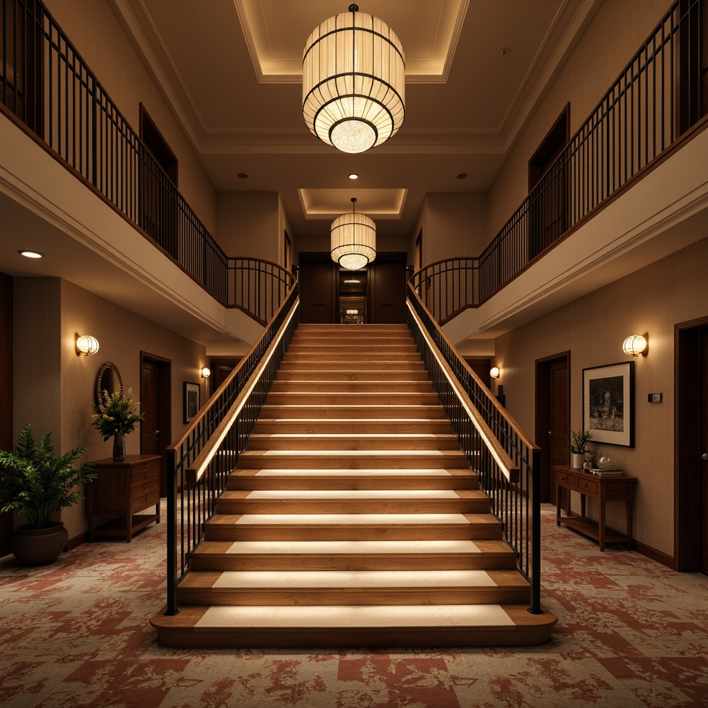 Prompt: Grand staircase, elegant banister, soft warm lighting, integrated LED strips, ambient glow, polished wood steps, sleek metal railings, luxurious carpeting, spacious landing, high ceiling, dramatic vertical space, 1/1 composition, shallow depth of field, realistic textures, subtle shadowing.