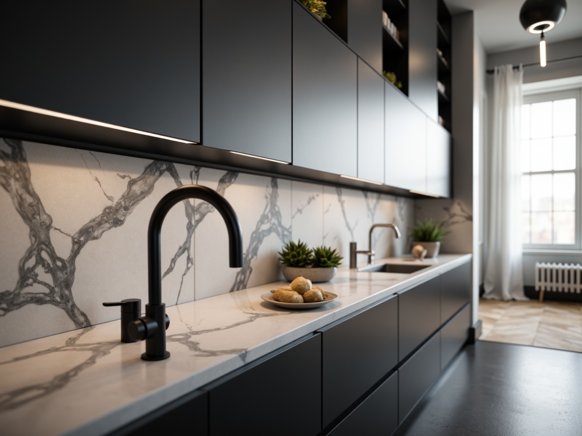 Prompt: Streamlined modern kitchen, sleek faucet designs, matte black finishes, minimalist handles, wall-mounted installations, single-hole constructions, touchless sensors, polished chrome accents, geometric patterns, LED lighting, waterfall countertops, marble backsplashes, urban loft atmosphere, morning natural light, soft focus, 1/1 composition, high-contrast rendering.