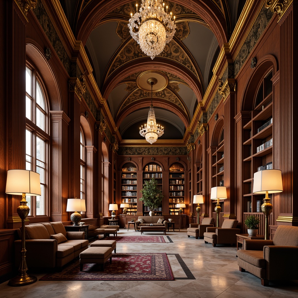 Prompt: Grandiose library interior, ornate Rococo style, rich wood paneling, gilded accents, crystal chandeliers, soft warm lighting, golden candlelight, intricate moldings, curved lines, luxurious fabrics, velvet drapes, marble floors, tall ceilings, majestic columns, elegant archways, subtle shadows, warm color palette, cozy reading nooks, comfortable seating areas, floor lamps with ornate metalwork, table lamps with crystal shades, warm indirect lighting, 1/2 composition, shallow depth of field.