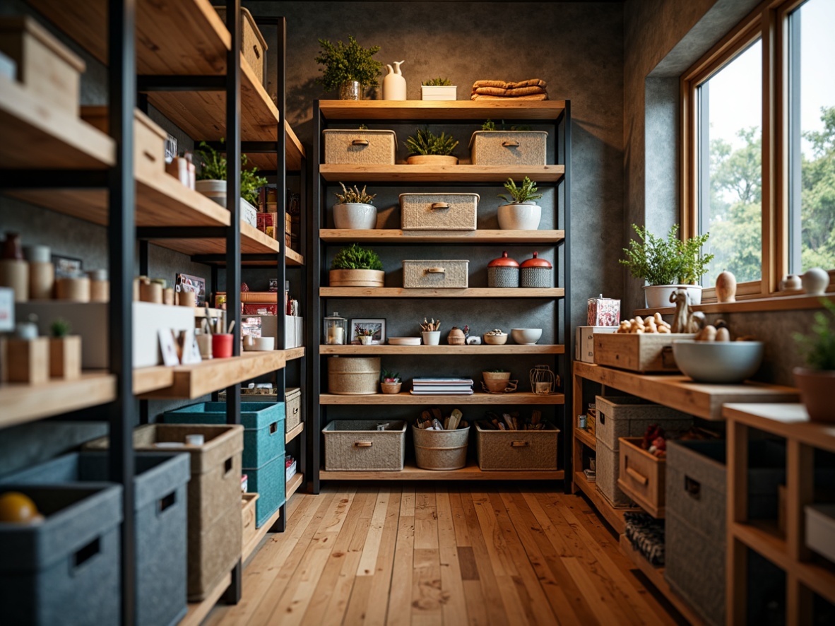 Prompt: Modern craft room, rustic wooden shelves, industrial metal frames, decorative storage bins, colorful fabric baskets, eclectic art supplies, natural wood tones, warm ambient lighting, soft focus, shallow depth of field, 1/1 composition, intimate close-up shots, realistic textures, subtle shadowing.