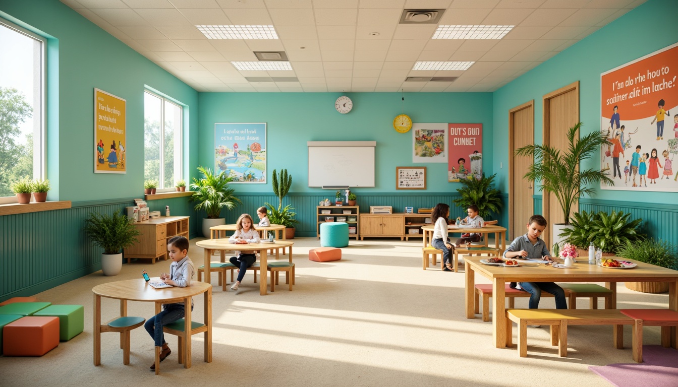 Prompt: Vibrant elementary school, calming pastel colors, soothing blue-green walls, warm beige floors, educational posters, inspirational quotes, comfortable seating areas, natural wood accents, abundant plants, soft diffused lighting, 1/2 composition, gentle color transitions, inviting atmosphere, harmonious color scheme, stimulating creativity, encouraging learning.