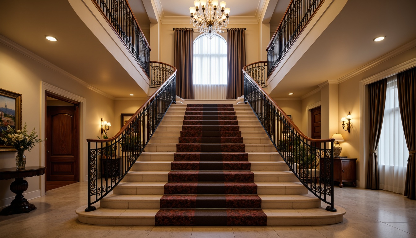 Prompt: Elegant staircase, ornate iron railings, curved balusters, polished wooden handrails, luxurious carpeted steps, grand entrance hall, high ceiling, crystal chandelier, soft warm lighting, 1/1 composition, realistic textures, ambient occlusion.