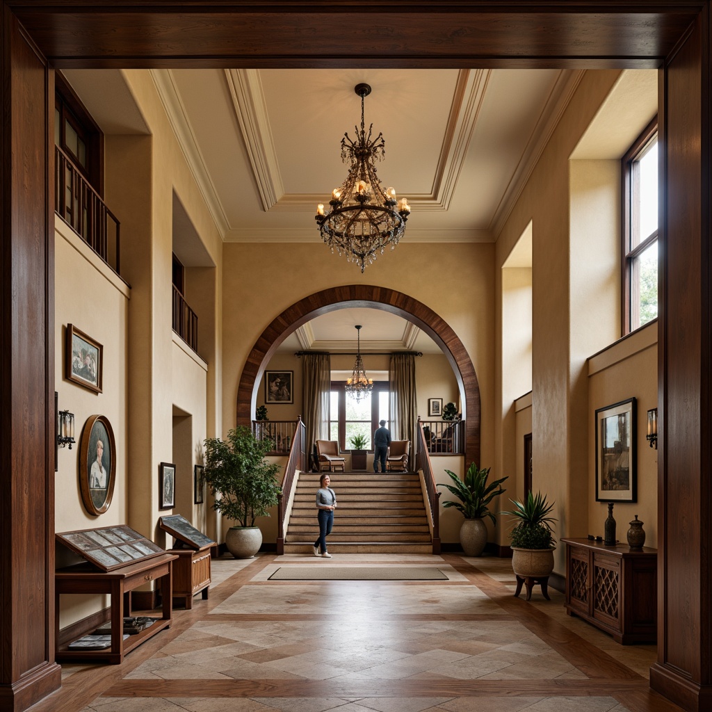 Prompt: Historic museum building, elegant entrance hall, grand staircase, ornate chandeliers, refined wooden flooring, subtle warm beige walls, soft cream accents, rich dark wood trim, majestic high ceilings, sophisticated exhibits display, artifacts under softbox lighting, serene atmosphere, natural daylight filtering, gentle shadows, 1/2 composition, shallow depth of field, realistic textures, ambient occlusion.