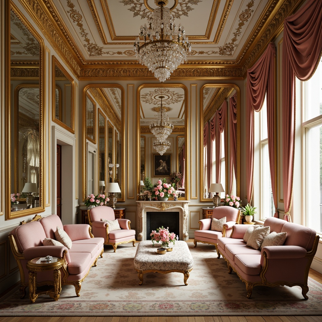 Prompt: Opulent palace, lavish furnishings, intricately carved wooden frames, gilded accents, velvet upholstery, curved lines, ornate mirrors, crystal chandeliers, soft pastel hues, delicate florals, antique finishes, luxurious fabrics, tufted ottomans, cabriole legs, shell-shaped motifs, Rococo-inspired patterns, warm golden lighting, shallow depth of field, 1/1 composition, realistic textures, ambient occlusion.