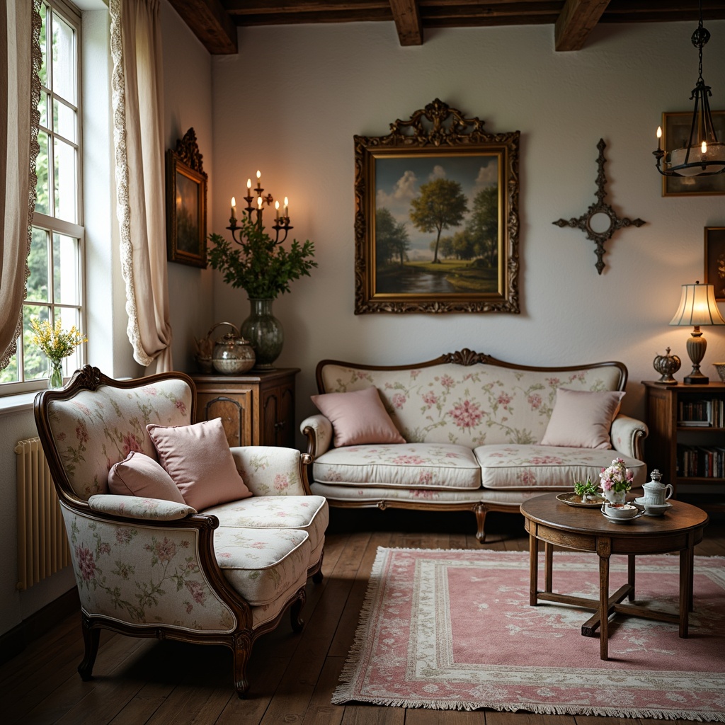 Prompt: Vintage distressed furniture, soft pastel hues, floral patterns, lace trimmings, ruffled fabrics, velvet upholstery, antique accessories, ornate metalwork, rustic wooden floors, natural stone walls, warm candlelight, shallow depth of field, 1/1 composition, cozy intimate atmosphere, richly textured fabrics, faded elegant drapes, distressed finishes, soft feminine colors.