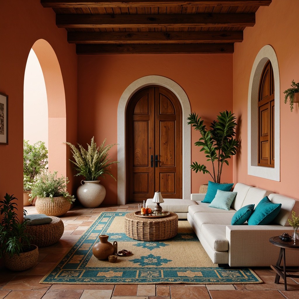 Prompt: Warm terracotta walls, soft creamy whites, calming turquoise accents, rich walnut wood tones, distressed stone floors, rustic clay tiles, natural linen fabrics, earthy sienna hues, vibrant cerulean blues, sun-kissed yellow ochres, elegant archways, ornate metalwork details, plush velvet textiles, subtle mosaic patterns, warm candlelight ambiance, shallow depth of field, 1/1 composition, cozy intimate spaces, atmospheric warm lighting.Please let me know if this meets your requirements!