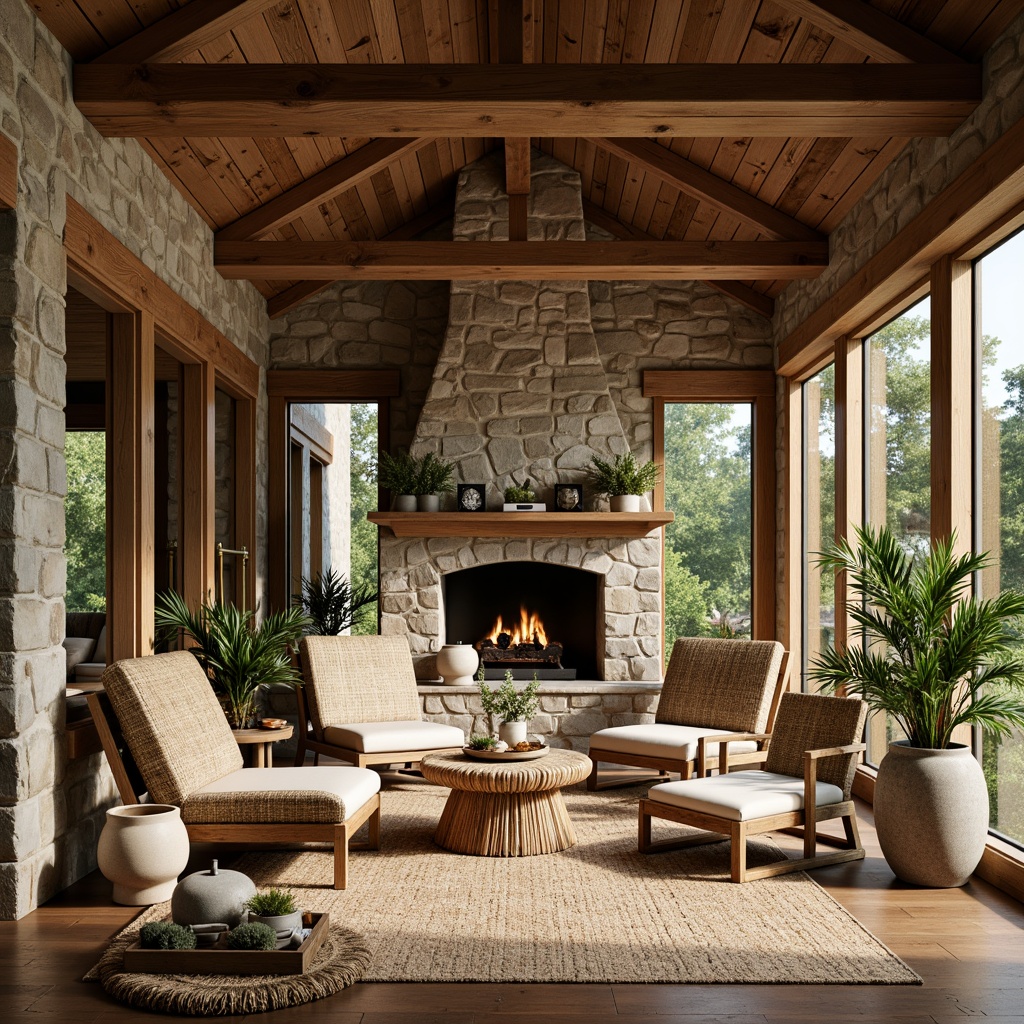 Prompt: Earthy cabin, reclaimed wood accents, natural stone walls, wooden beam ceilings, earthy color palette, warm cozy lighting, organic textures, rustic furniture pieces, woven rattan chairs, jute rugs, potted plants, botanical prints, nature-inspired patterns, calming atmosphere, soft focus, shallow depth of field, 1/1 composition, realistic rendering.