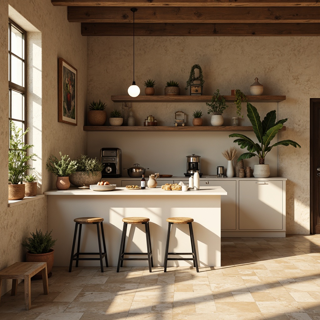 Prompt: Warm beige walls, rustic stone floors, distressed wood accents, earthy terracotta planters, soft sage greenery, weathered metal equipment, worn leather stools, natural linen textiles, creamy white countertops, warm golden lighting, shallow depth of field, 1/1 composition, realistic renderings, ambient occlusion.