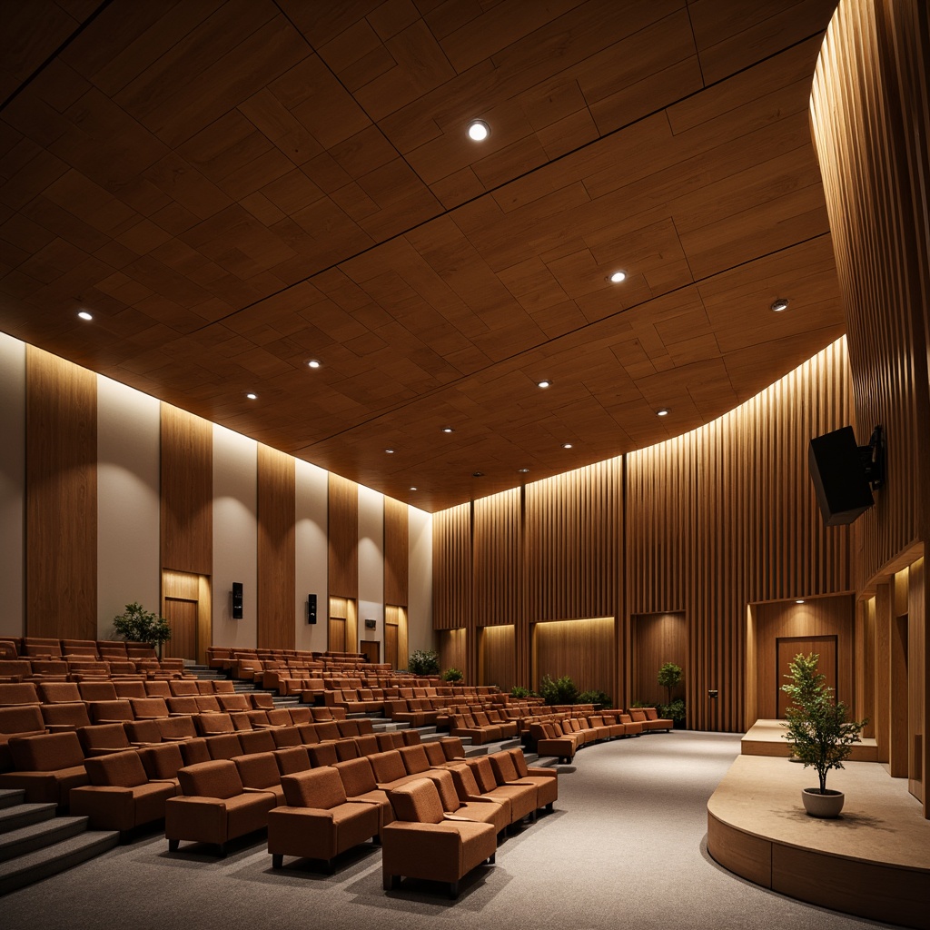 Prompt: Sleek auditorium, curved lines, minimalist decor, sound-absorbing acoustic panels, wooden wall finishes, polished metal accents, geometric patterns, modern streamline moderne style, high ceilings, recessed lighting, professional audio equipment, comfortable seating, subtle color scheme, natural textiles, ambient soft glow, warm atmosphere, shallow depth of field, 2/3 composition, realistic renderings, detailed architecture.