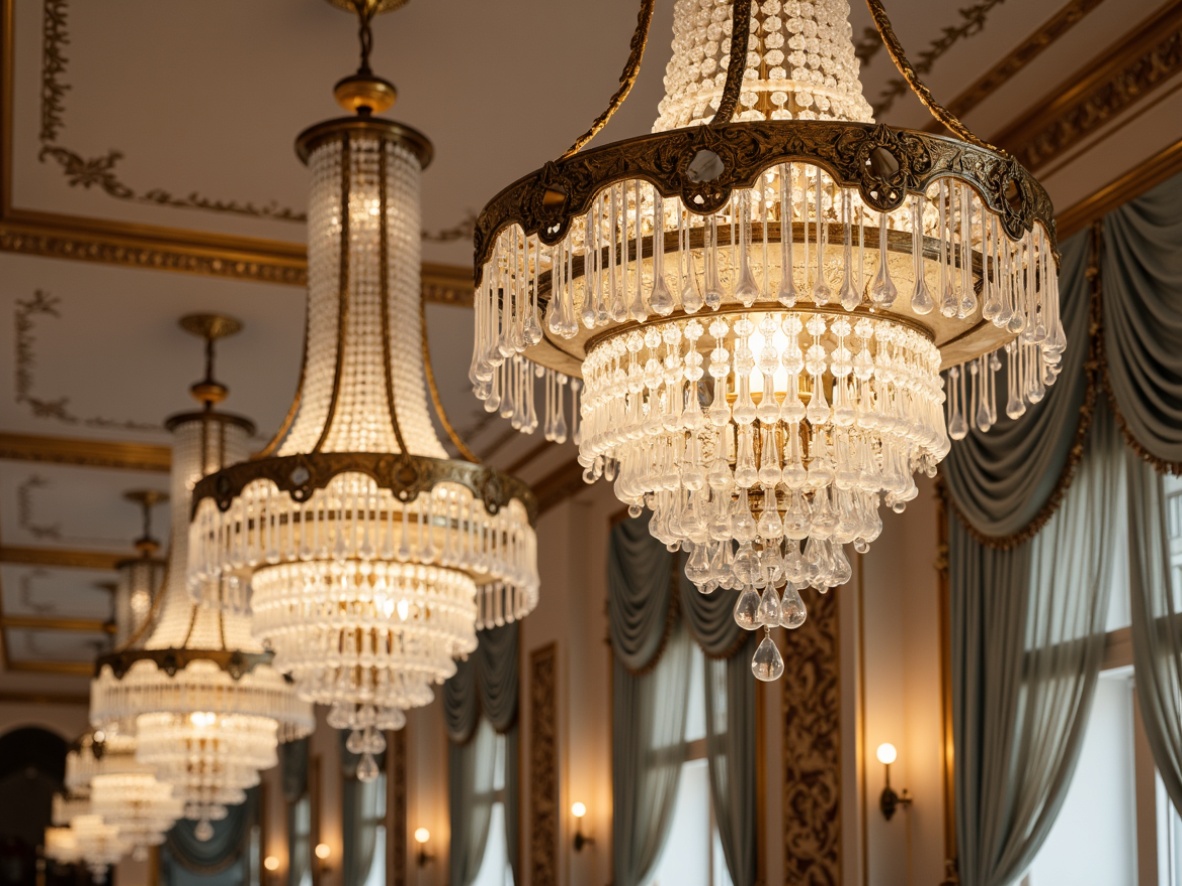 Prompt: Ornate chandeliers, crystal drops, gilded metalwork, floral patterns, soft warm glow, luxurious ambiance, intricate carvings, velvet drapes, golden accents, opulent decorations, lavish furnishings, grandiose architecture, Baroque-inspired designs, ornamental details, creamy whites, rich golds, delicate pastels, subtle shading, realistic reflections, detailed textures.