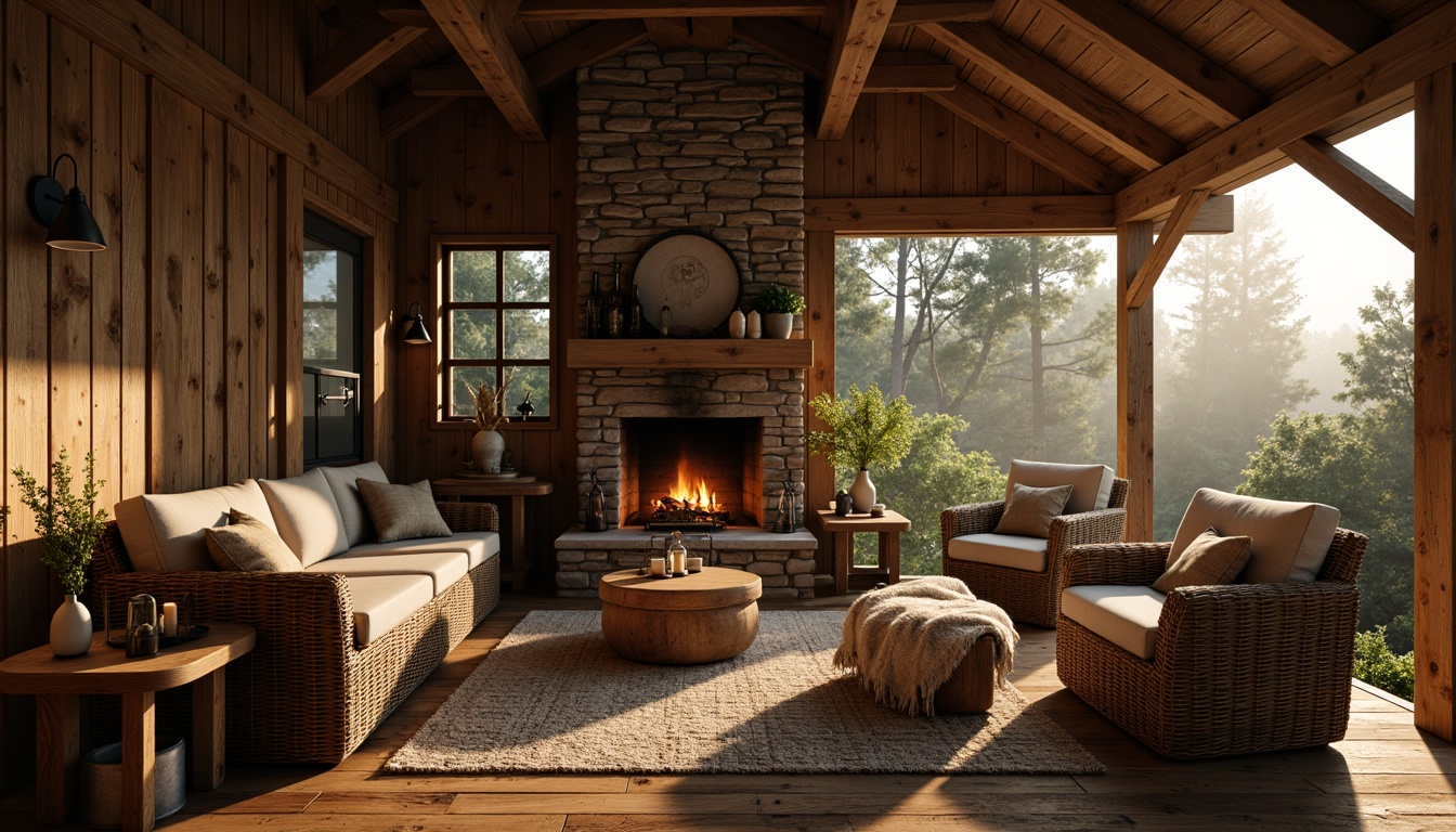 Prompt: Earthy cabin, reclaimed wooden walls, natural stone fireplace, woven wicker furniture, plush fur throws, earthy tone color palette, organic textures, vintage metal lanterns, cozy candle lighting, serene forest surroundings, misty morning atmosphere, warm golden sunlight, shallow depth of field, 1/1 composition, realistic wood grain details, ambient occlusion.