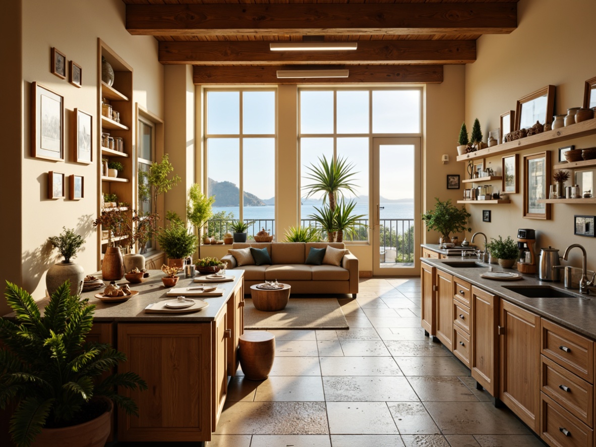 Prompt: Mediterranean-style laboratory, warm beige walls, large windows, natural light, wooden accents, minimalist decor, sleek metal equipment, modern LED lighting, soft ambient glow, warm color temperature, subtle shading, 3/4 composition, shallow depth of field, realistic textures, ambient occlusion, ocean-inspired blue hues, decorative ceramic tiles, rustic stone flooring, lush greenery, potted plants, soft breezy atmosphere, gentle wave-like motions.