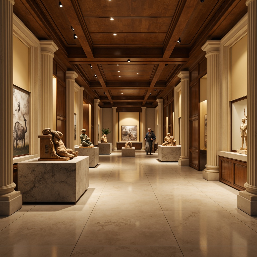 Prompt: Serene museum interior, warm beige walls, rich wood accents, polished marble floors, elegant cream columns, subtle gray stone pedestals, soft golden lighting, natural history exhibits, artifacts on display, ancient relics, mysterious ambiance, dimly lit galleries, warm spotlights, shallow depth of field, 1/1 composition, realistic textures, ambient occlusion.