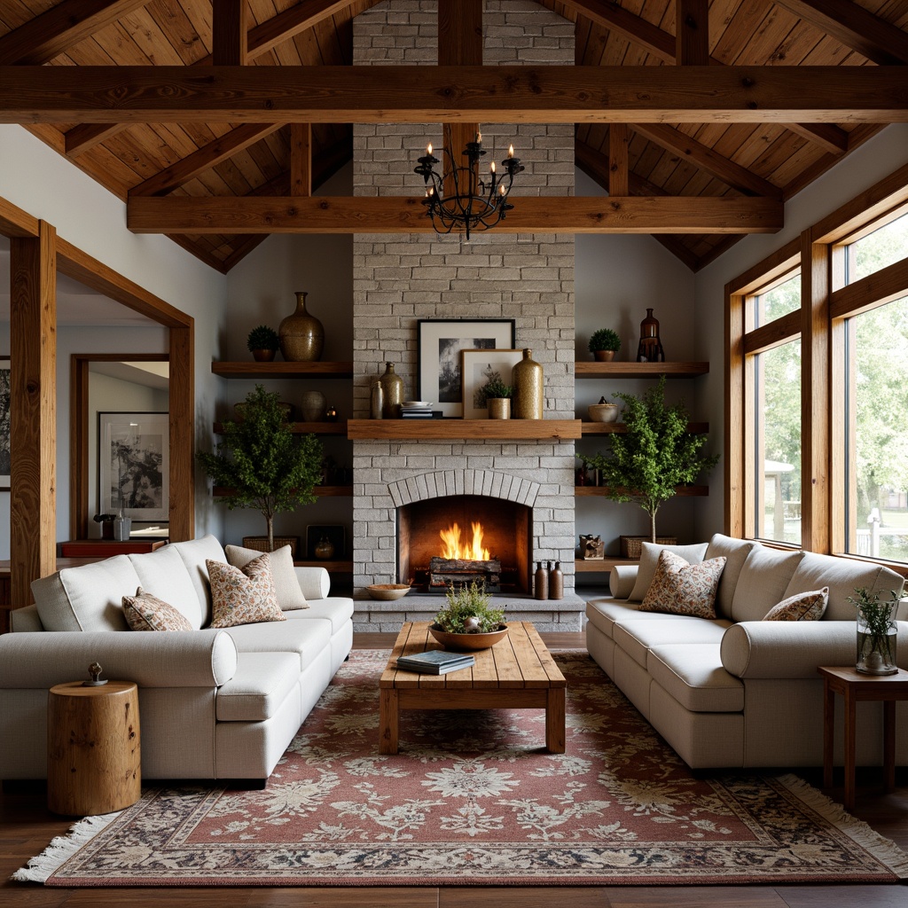 Prompt: Rustic market craftsman style interior, exposed wooden beams, reclaimed wood accents, earthy color palette, natural stone walls, cozy fireplace, plush area rugs, comfortable sofas, vintage decorative items, warm ambient lighting, soft shadows, shallow depth of field, 1/2 composition, inviting atmosphere, natural textures, organic forms.