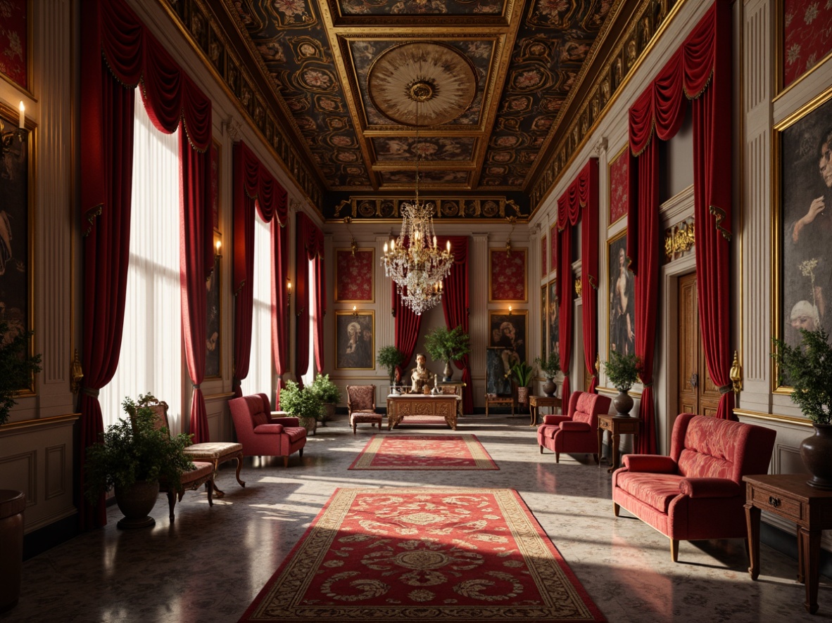 Prompt: Luxurious Renaissance palace, rich velvet drapes, intricately patterned tapestries, ornate gold leaf accents, lavish silk upholstery, carved wooden furnishings, polished marble floors, grand chandeliers, warm candlelight, soft focus, atmospheric perspective, 1/2 composition, realistic fabric textures, ambient occlusion.