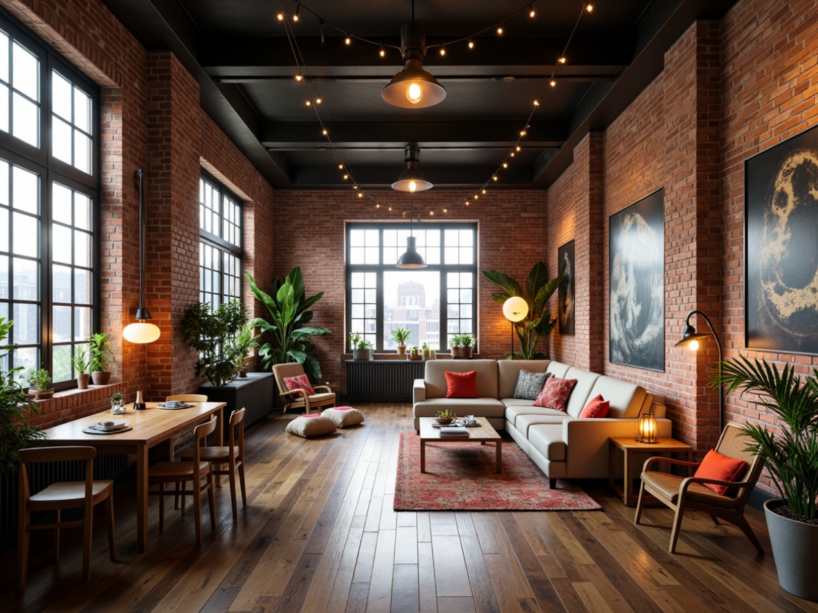 Prompt: Industrial chic loft space, exposed brick walls, metal beams, reclaimed wood floors, minimalist decor, urban city views, large windows, soft warm lighting, table lamps, floor lamps, string lights, pendant lights, natural textiles, industrial metal shades, cozy reading nooks, comfortable sofas, modern art pieces, eclectic furniture, vibrant colorful accents, warm neutral tones, atmospheric ambiance, shallow depth of field, 1/1 composition, realistic textures, ambient occlusion.