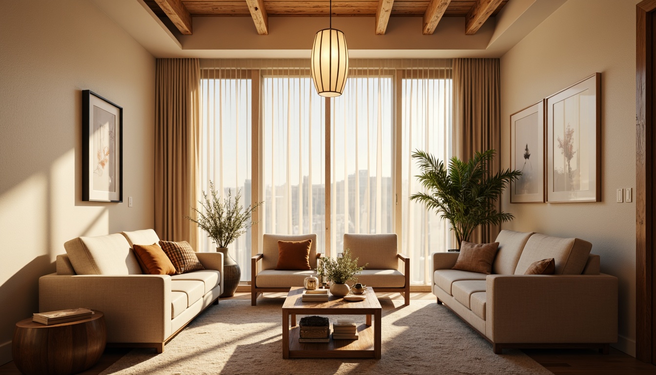 Prompt: Cozy living room, warm ambient lighting, soft glow ceiling lamps, floor-to-ceiling windows, natural daylight, sheer curtains, minimalist decor, creamy wall colors, plush area rugs, comfortable sofas, accent chairs, wooden coffee tables, delicate pendant lights, subtle shadows, 1/2 composition, shallow depth of field, realistic textures, warm color palette.