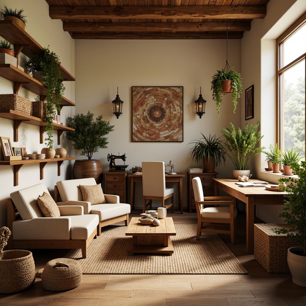 Prompt: Cozy craft room, warm coffee tones, rich brown wood furniture, soft beige walls, creamy white accents, vintage sewing machines, woven baskets, natural fiber textiles, earthy terracotta planters, distressed wooden shelves, rustic metal decorations, soft warm lighting, shallow depth of field, 1/1 composition, realistic textures, ambient occlusion.