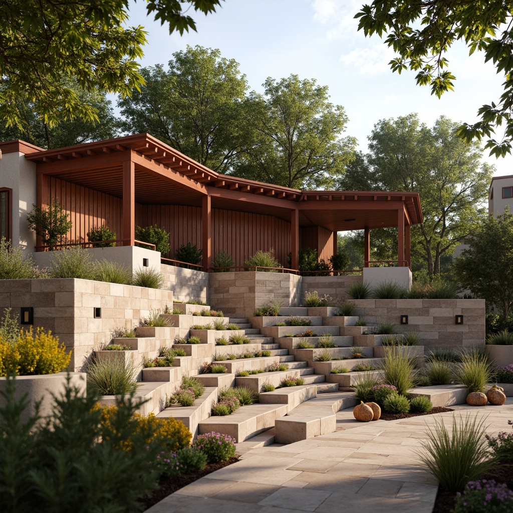 Prompt: Earthy tones, warm beige, rustic reds, weathered wood accents, natural stone seating, lush greenery, vibrant flowers, soft warm lighting, shallow depth of field, 3/4 composition, panoramic view, realistic textures, ambient occlusion, outdoor amphitheater design, Craftsman style architecture, wooden benches, stonework walls, grand entrance, symmetrical layout, ornate details, rustic metal lanterns, natural surroundings, serene atmosphere.