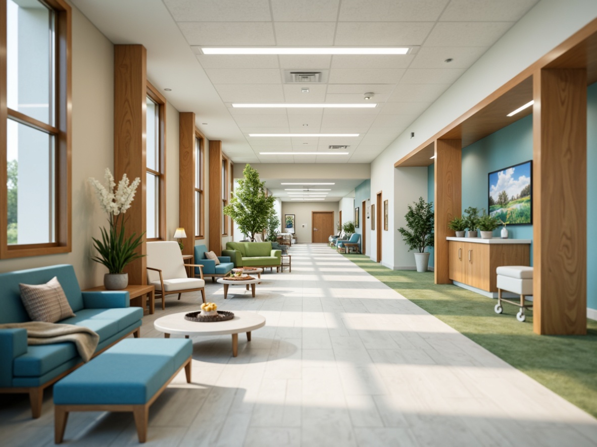 Prompt: \Soothing hospital interior, calming blue tones, gentle green accents, warm beige walls, natural wood furnishings, comfortable seating areas, soft indirect lighting, minimal ornamentation, serene waiting rooms, quiet corridors, private patient rooms, advanced medical equipment, stainless steel surfaces, easy-to-clean flooring, acoustic panels, noise reduction systems, ergonomic furniture design, accessible layout planning, calming nature-inspired artwork, peaceful atmosphere, shallow depth of field, 1/2 composition, realistic textures.\