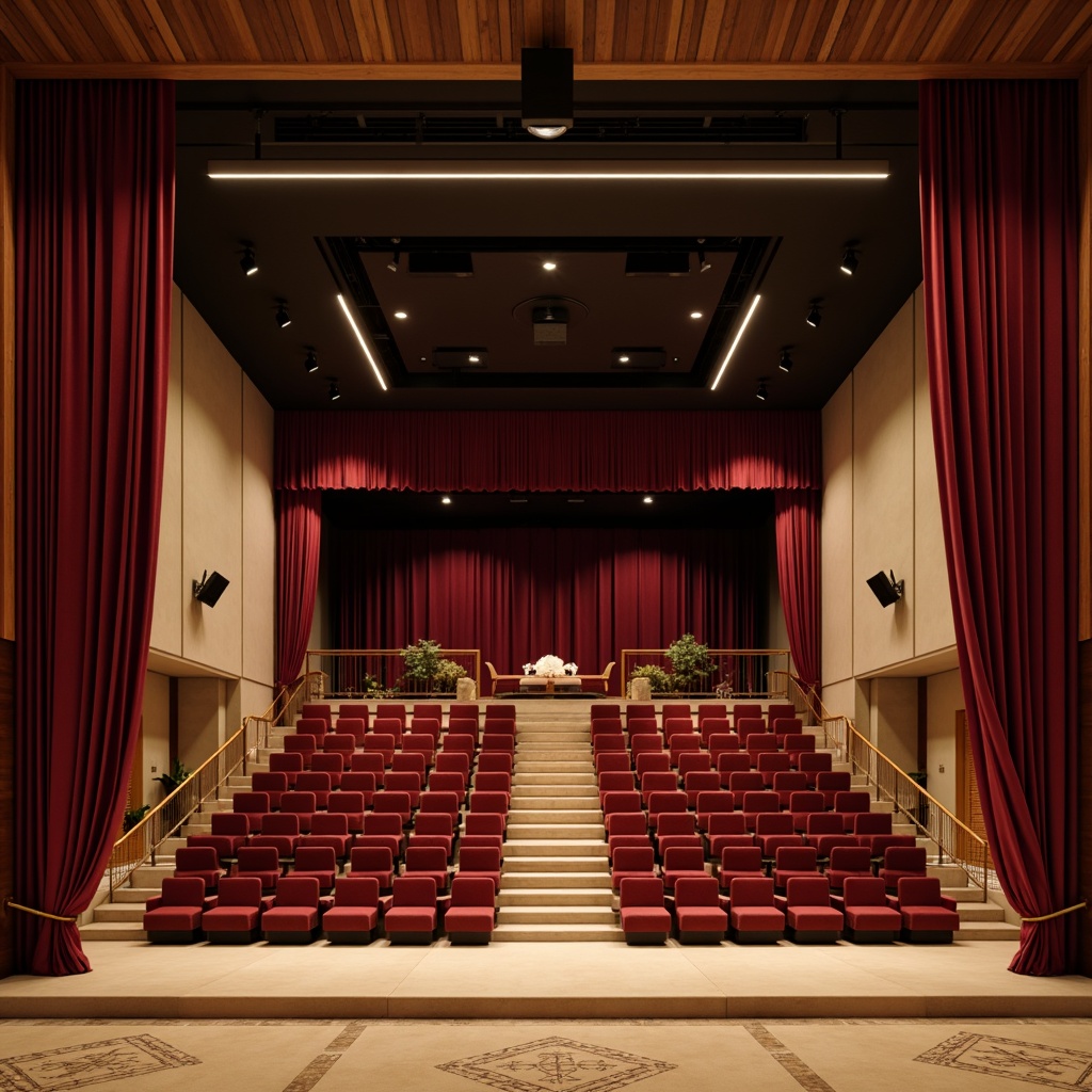 Prompt: Rich velvet drapes, dark wood accents, elegant gold lighting fixtures, cream-colored walls, sleek chrome railings, minimalist stage design, plush crimson seats, ornate Art Deco patterns, subtle geometric motifs, warm beige carpeting, dramatic spotlights, softbox diffused lighting, 1/2 composition, symmetrical framing, realistic fabric textures, ambient occlusion.Let me know if this meets your requirements!