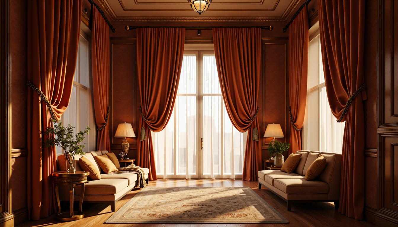 Prompt: Luxurious velvet drapes, flowing silk fabrics, elegant curtain rods, ornate finials, subtle sheen, warm golden lighting, soft folds, dramatic puddling, majestic ceiling heights, opulent boudoirs, lavish window treatments, intricate embroidery, beaded trimmings, tassel details, rich textures, sumptuous colors, regal atmosphere, 1/1 composition, shallow depth of field, realistic fabrics, ambient occlusion.