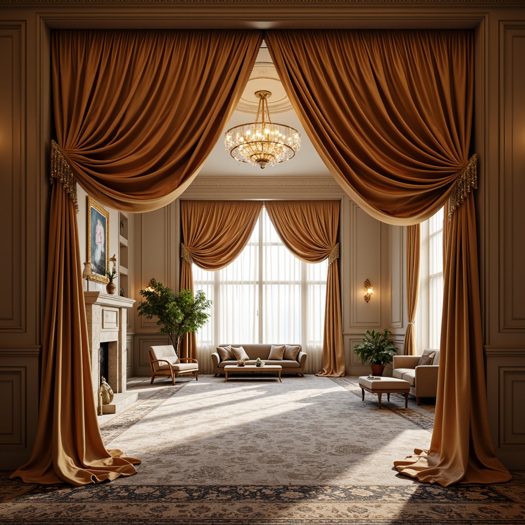 Prompt: Luxurious drapery, flowing silk fabrics, elegant folds, golden rod pockets, crystal bead trim, soft warm lighting, shallow depth of field, 3/4 composition, panoramic view, realistic textures, ambient occlusion, opulent velvet drapes, subtle sheen, dramatic ceiling heights, ornate chandeliers, refined classic style, sophisticated modern aesthetic, plush pile carpets, rich wood accents, lavish furnishings, stately columns.