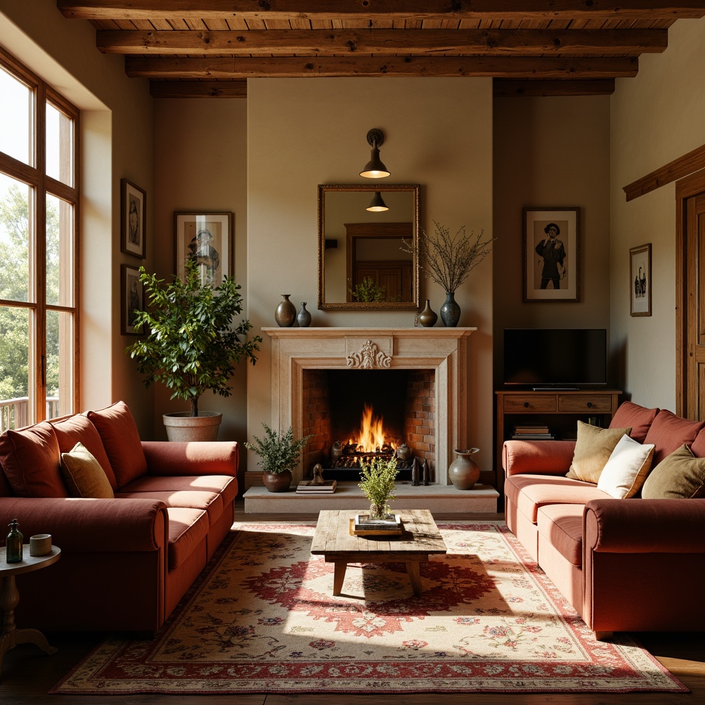 Prompt: Cozy living room, warm beige walls, rich walnut wood furniture, plush velvet sofas, soft golden lighting, vintage rug patterns, natural stone fireplace, earthy terracotta accents, calming atmosphere, 1/2 composition, intimate mood, realistic textures, subtle shadows.