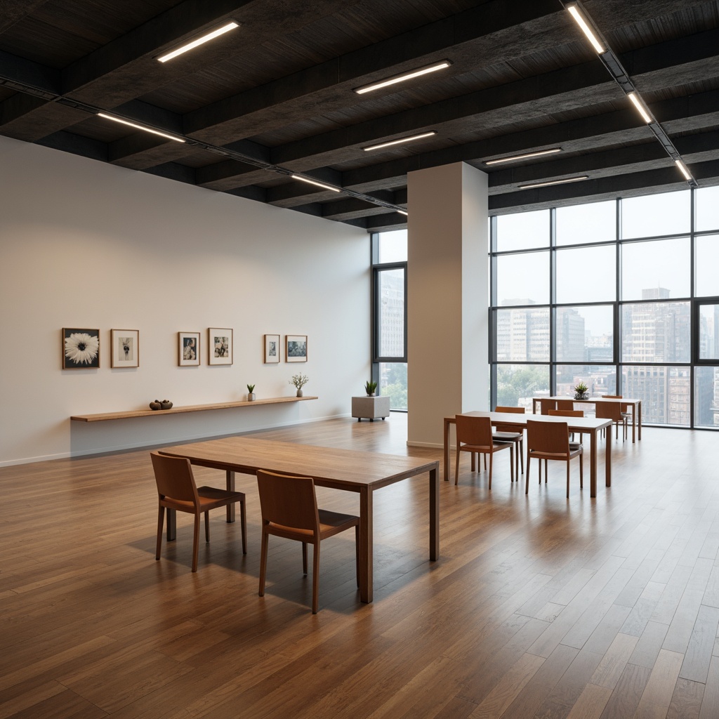 Prompt: Minimalist exhibition hall, sleek wooden floors, modern LED lighting, sparse furniture arrangement, simple rectangular tables, low-profile chairs, neutral color palette, abstract art pieces, floor-to-ceiling windows, natural light pouring in, subtle shadows, 1/1 composition, shallow depth of field, realistic textures, ambient occlusion.